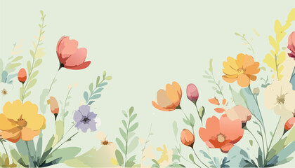 Naklejka premium Abstract simple vintage vector art floral background vector in pastel colors, wallpaper with watercolor botanical spring details, leaf framed, flower, vivid foliage, aquarelle frame.