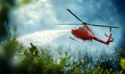 Firefighting Helicopter Spraying Water on a Forest Fire