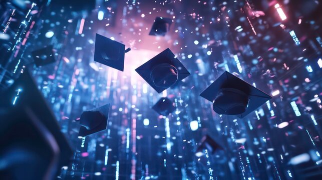 Abstract digital graduation caps falling in vibrant neon light.