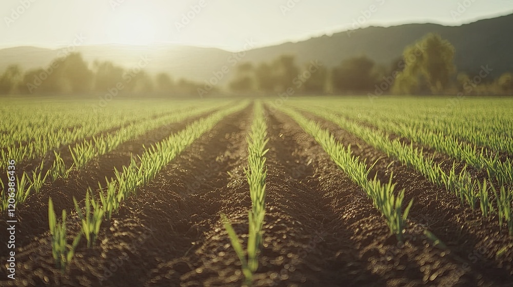 Poster young crops growing in rows in a field
