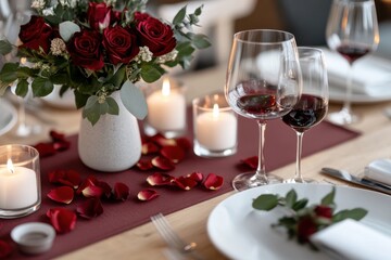 A stylish dining table featuring red roses, fine glassware, and candlelight, creating an inviting and romantic atmosphere for any special occasion.