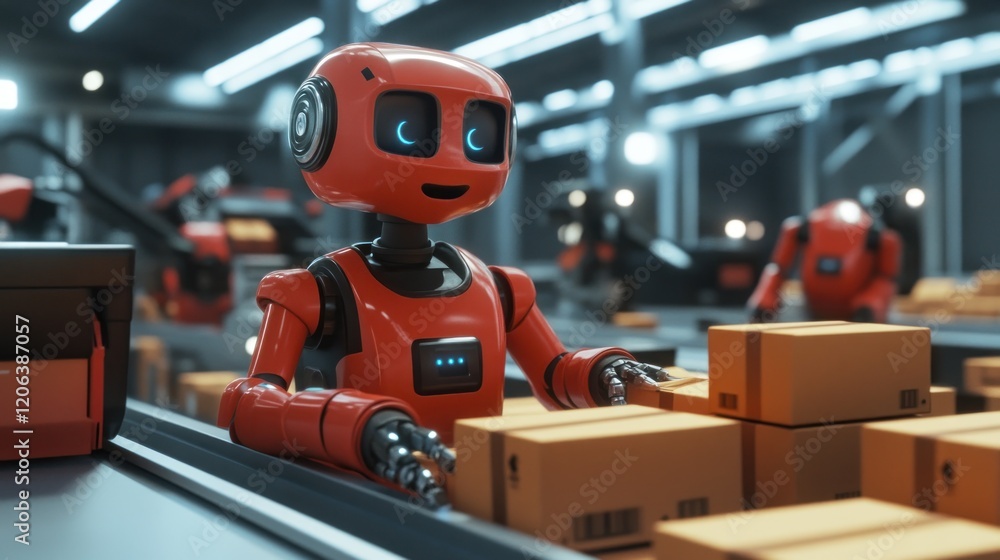 Poster Red Robot Sorting Packages In A Warehouse