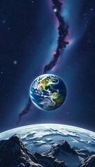 Naklejka premium The Earth in the Cosmic Sky,created with tecnology, graphic novel art, with white tones