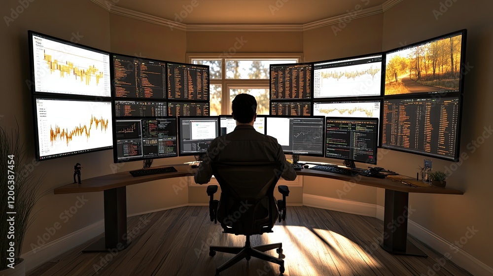 Leinwandbilder Man Working at Home with Multiple Monitors Displaying Data