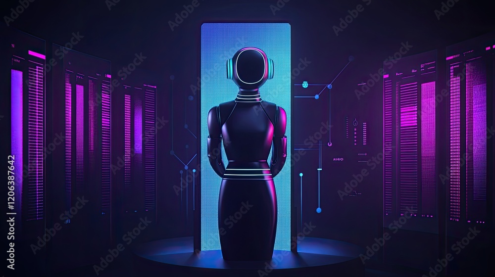 Poster futuristic robot stands before digital data screens