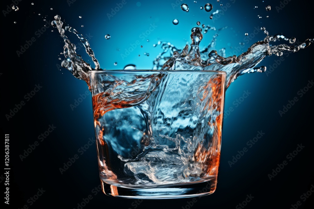 Poster ice cubes splashing into a glass of water creating a big splash with droplets on a blue background