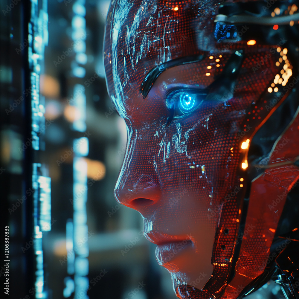 Poster futuristic robot with glowing blue eye in a high-tech environment showcasing advanced technology fea