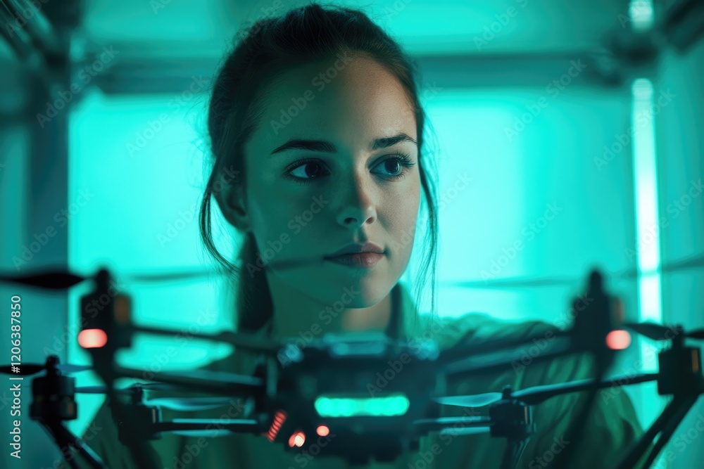 Poster a young woman focused intently on a drone, possibly programming or testing its functionality.