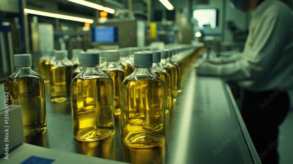 Poster bottles of golden liquid on a production line with a worker in a factory setting