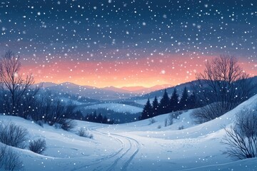 Fototapeta premium Scenic Snow-Covered Landscape with Serene Sunset and Falling Snowflakes Amidst Rolling Hills and Silhouetted Bare Trees Near a Forest Edge in Winter
