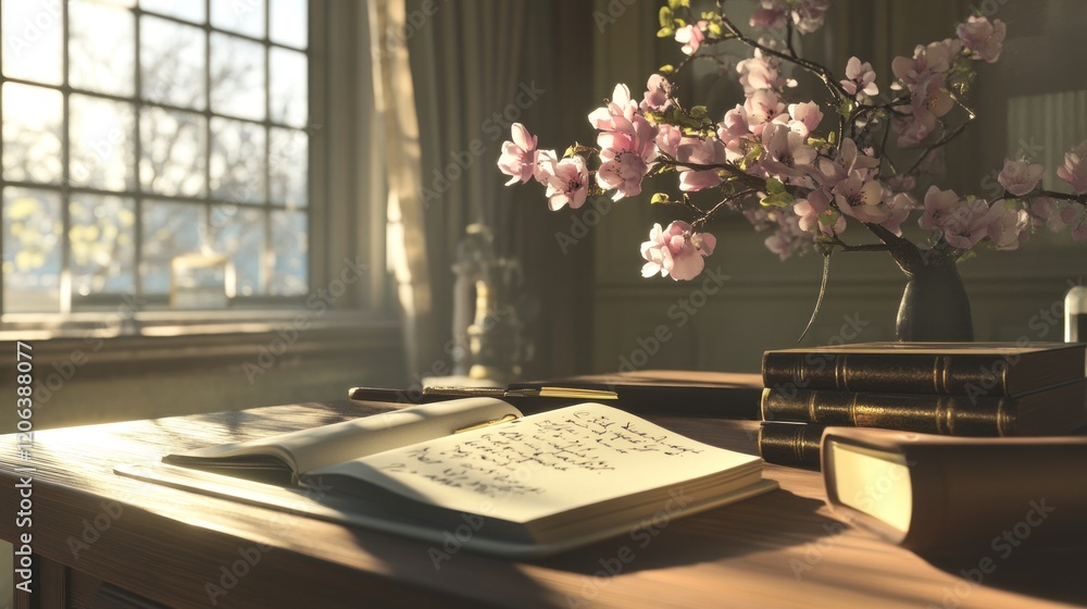 Poster sunlight illuminates a desk with an open notebook books and blossoms