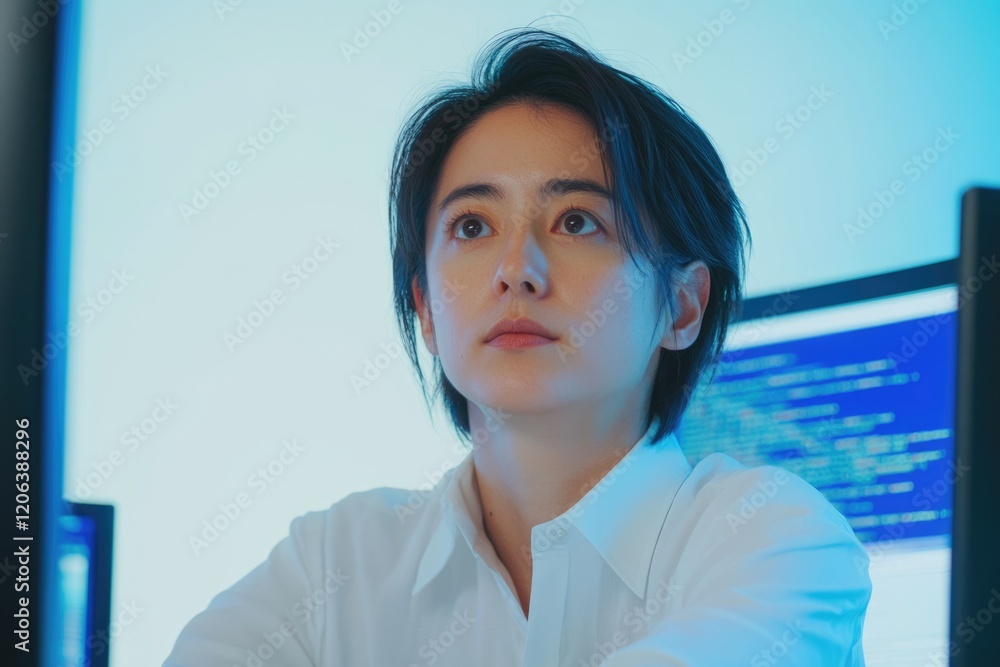 Aufkleber a young woman, thoughtfully gazing at computer screens filled with lines of code, immersed in progra