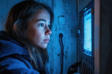 A young woman intensely focuses on a glowing control panel in a dimly lit, mysterious setting.