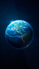 Obraz premium Beautiful amazing blue planet earth with night lights of megacities and cities in open space with stars. Space view of planet earth, with white tones
