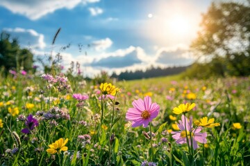Obraz premium Vibrant spring meadows bursting with colorful blooms under the warm embrace of sunlight