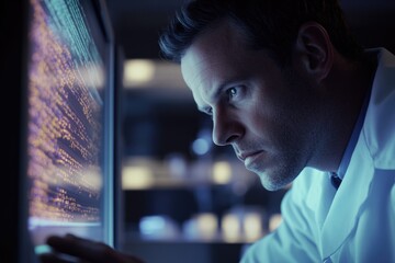 A focused scientist intensely reviews complex code on a computer screen, deeply immersed in his scientific work.