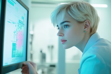 A young female scientist analyzes data on a computer screen, focused on complex charts and graphs.