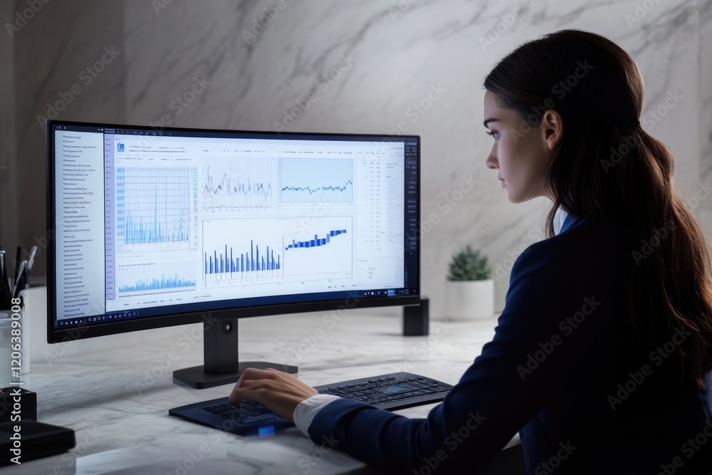 Aufkleber a businesswoman analyzes financial data displayed on a large computer monitor, focusing intently on 