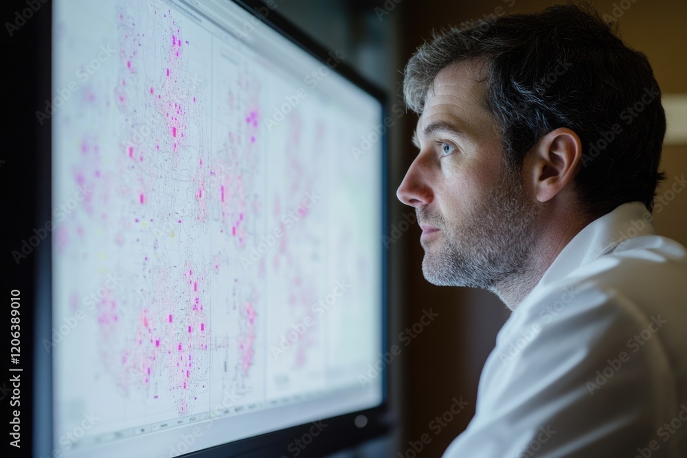 Poster scientist intently studies a complex bio-image displayed on a large monitor, analyzing intricate det