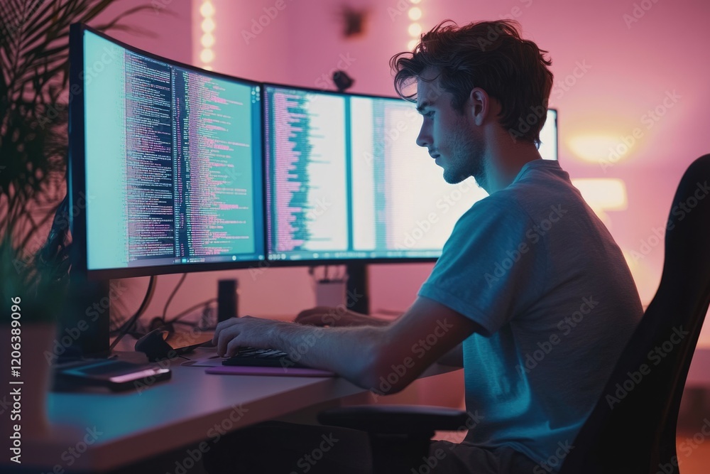 Aufkleber a young programmer works late into the night, focused on lines of code displayed on his dual monitor