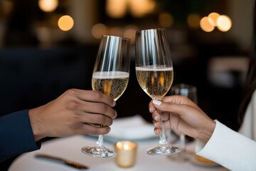 Two hands clink elegant champagne glasses in a sophisticated restaurant, symbolizing love and celebration amidst a luxurious dining atmosphere.