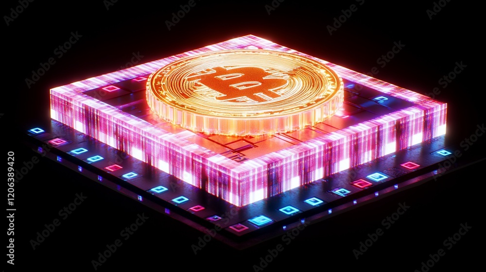 Poster bitcoin mining: neon digital currency on microchip