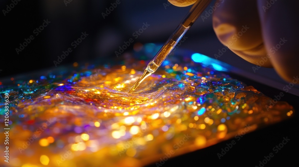Poster gloved hand using pipette adds liquid to iridescent surface