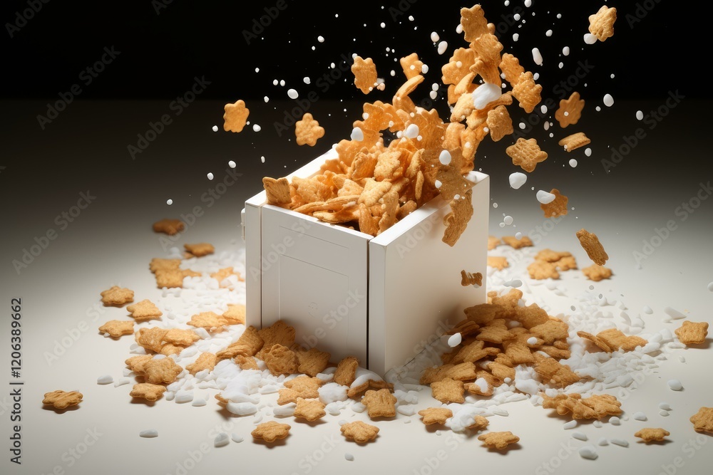 Poster star shaped breakfast cereal exploding from a white box, creating a mess of cereal and sugar