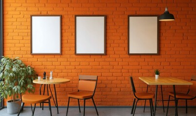 Empty wooden picture frames hanging on orange brick wall with furniture