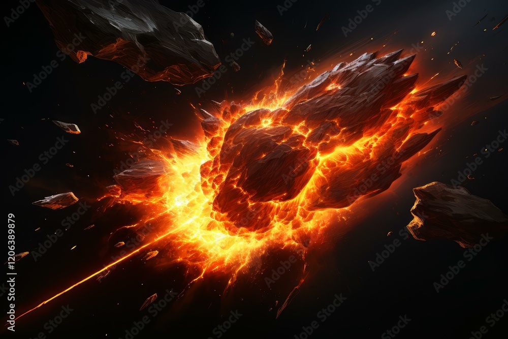 Poster fiery asteroid exploding in space, creating debris and molten lava, cosmic event of destruction