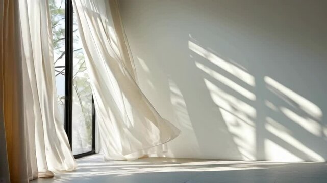 A serene interior with soft curtains billowing in sunlight, creating tranquil shadows that enhance the peaceful atmosphere.
