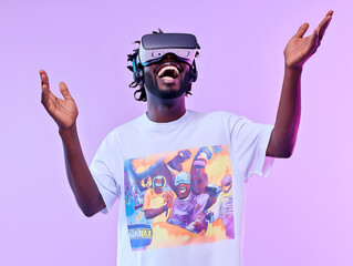 Excited young man wearing a VR headset and graphic t-shirt, raising hands in amazement, standing against a vibrant purple background, expressing joy and immersive technology