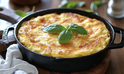 Fluffy omelet in cast iron skillet with basil leaves
