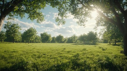 Fototapeta premium Serene summer meadow with vibrant green grass, large trees, and a bright blue sky with clouds.