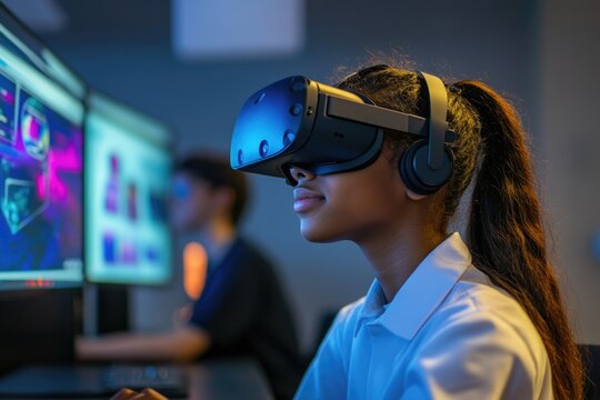 A young woman uses a VR headset while working on computer screens in a technology lab.
