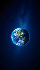 Fototapeta premium Amazing deep space with stars and a blue planet Earth with city lights at night. Space for design and text, with white tones