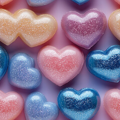 Obraz premium Glossy colorful candy hearts with vibrant and playful tones in a seamless pattern