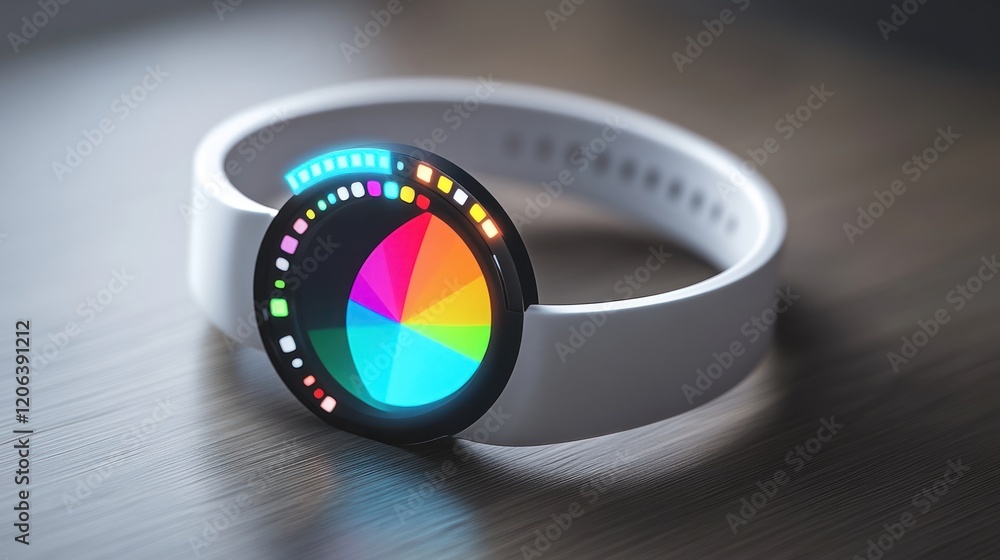 Poster futuristic smartwatch displays colorful pie chart data