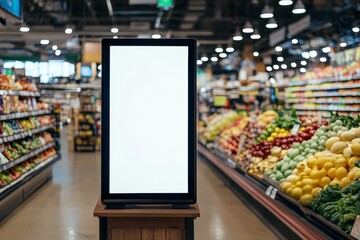 Realistic digital display mockup in a busy supermarket produce aisle for promotions and advertising