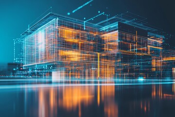 Digital blueprint of an innovative office building with holographic architectural technology