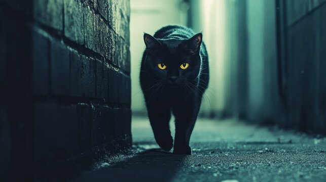 Black cat walking on urban street
 - Powered by Adobe