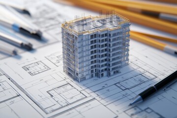 Architectural blueprint and 3d digital drawing of a construction project in photography style