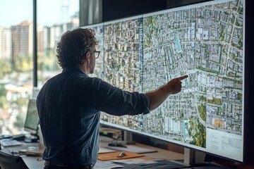 Engineer engaged in digital design planning with urban maps and construction models on large screen