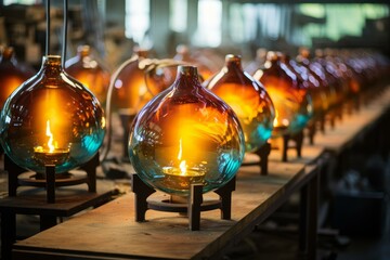 Production line of colorful glass lamps illuminating a factory, showcasing exquisite craftsmanship