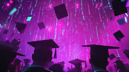 Graduates celebrate with a vibrant rain of graduation caps and confetti under purple and teal lighting.