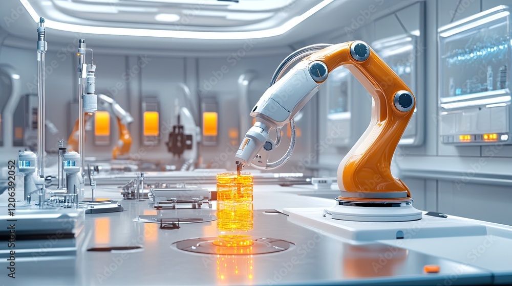 Aufkleber Robotic Arm Handling Illuminated Components In Modern Laboratory