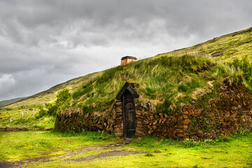 Viking long house, greass covered house in Iceland