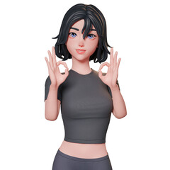 Portrait, half body 3D illustration of a sporty girl in black. showing ok hand gesture using her both hands. approve pose, Cute cartoon style.