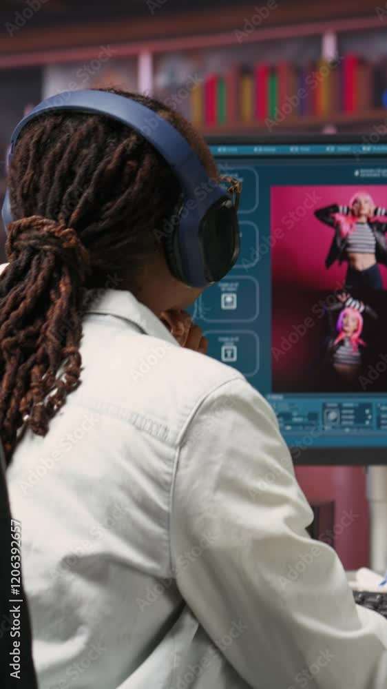 Poster vertical video woman in home office using ai software turning text prompt into photos. person in apa