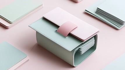 Obraz premium Elegant Pastel Leather Card Holder with Stacks of Cards